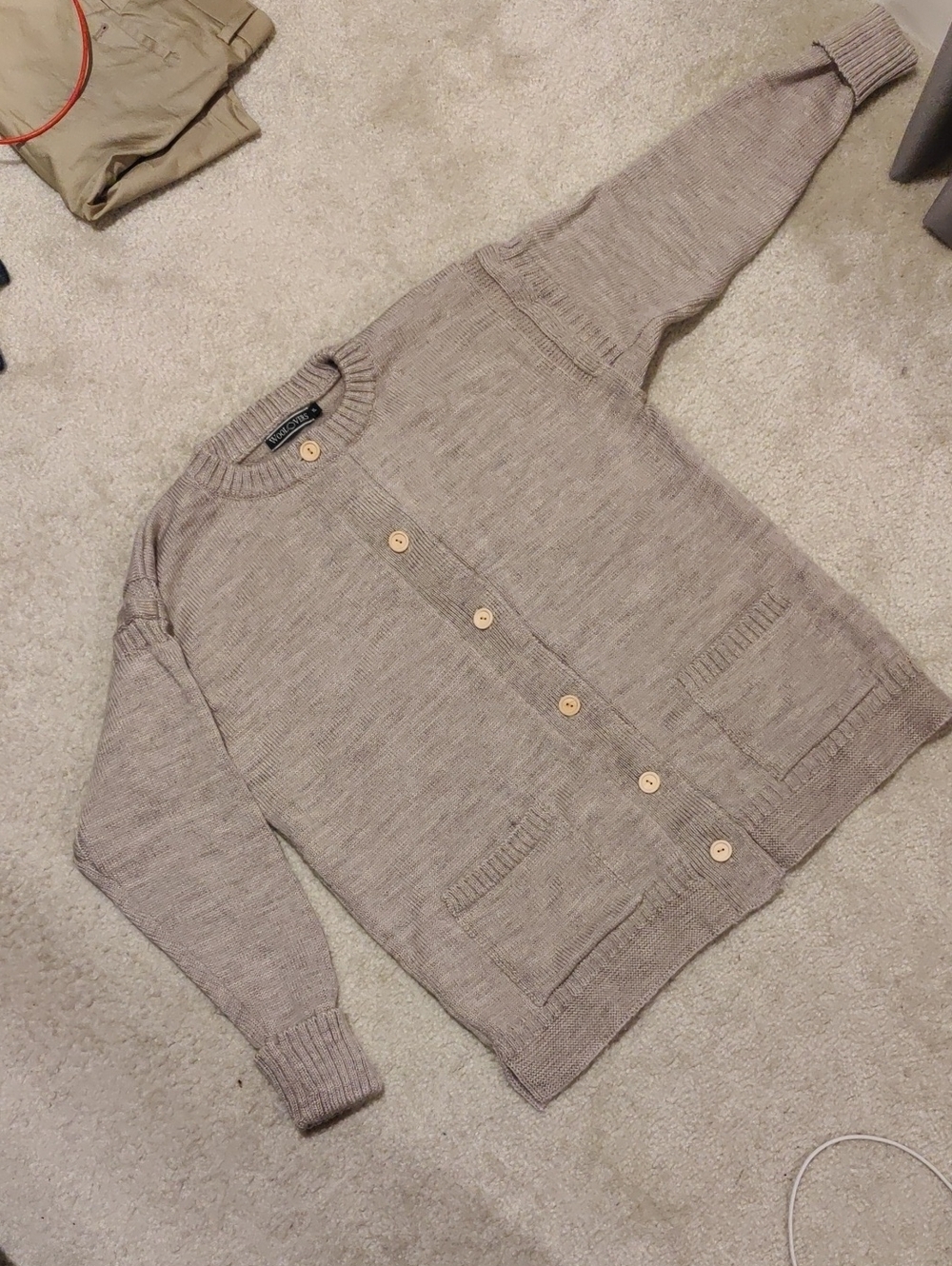 Vintage WoolOvers Beige Button-Up Knit British Wool Cardigan Sweater Pockets Y2K